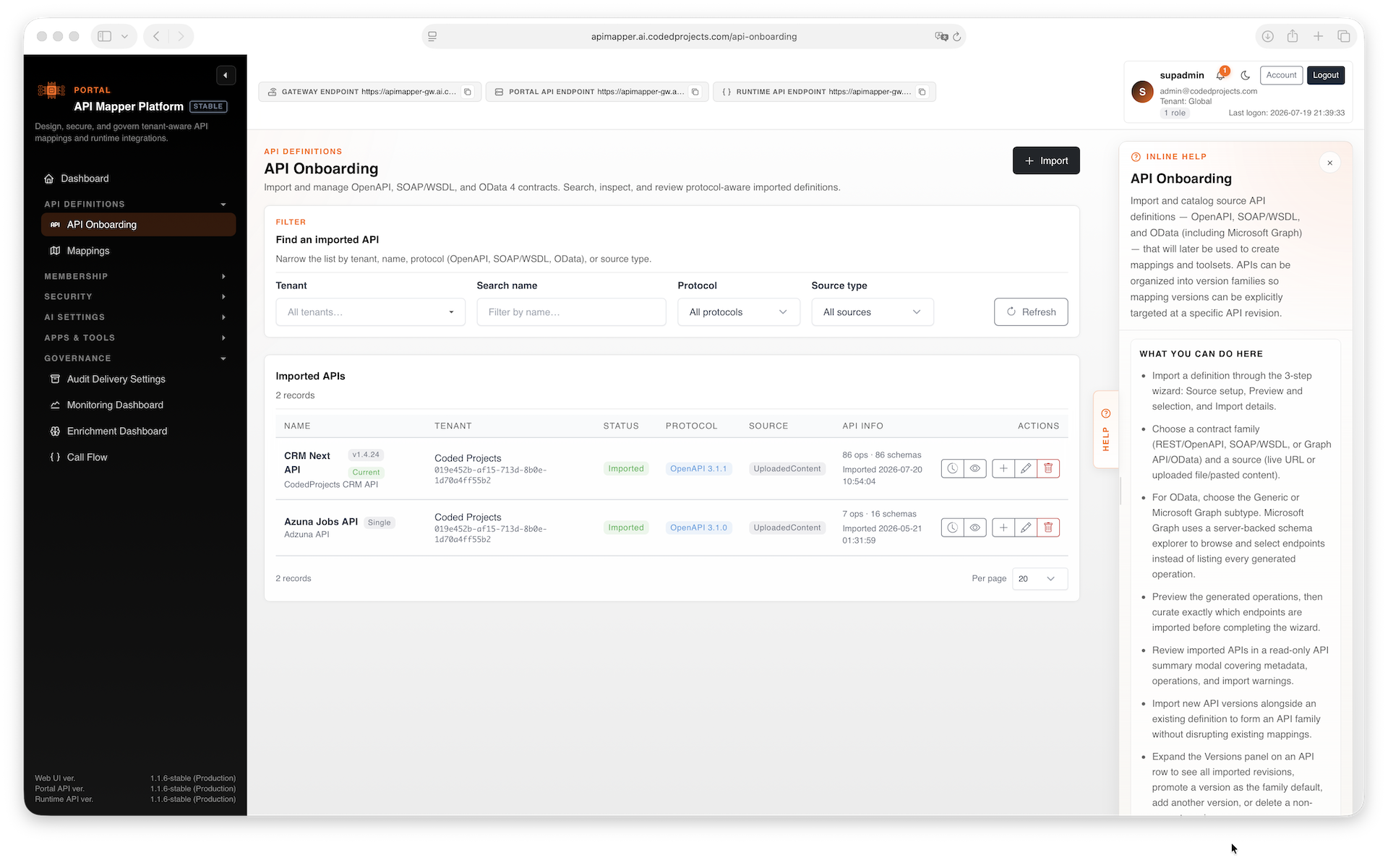 API onboarding from real imported definitions
