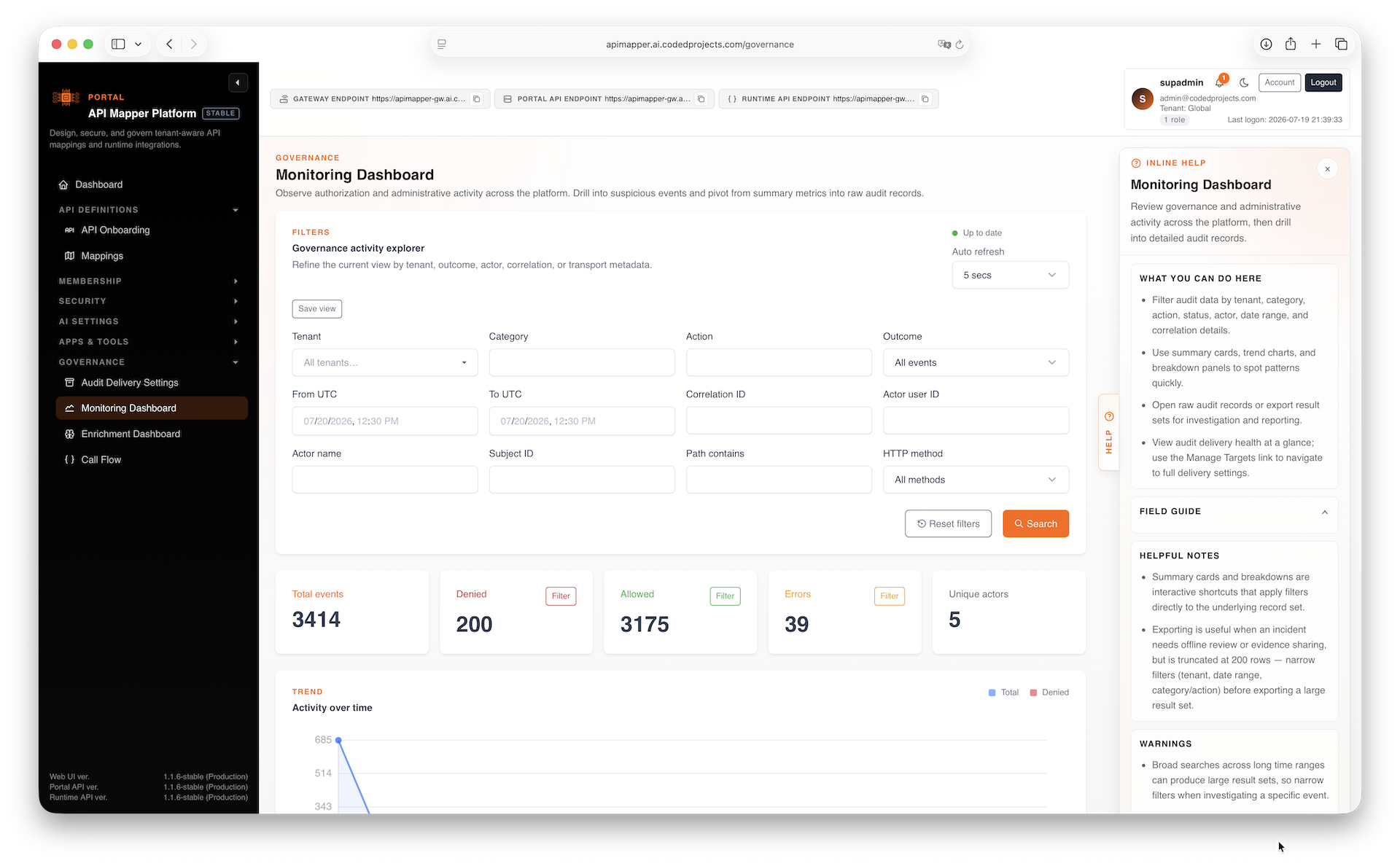 Monitoring dashboard with live operational filtering