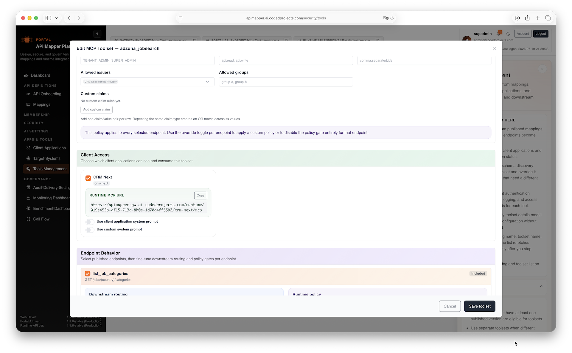 Toolset assignment and client application exposure