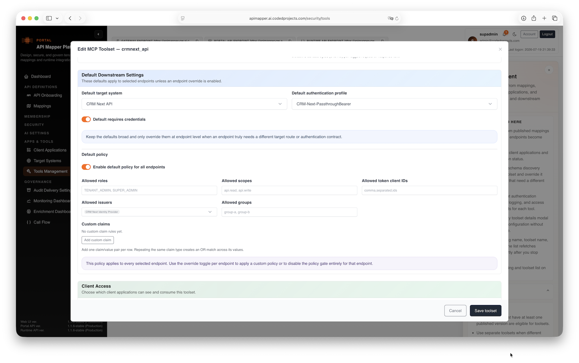 Policy model with issuer, roles, scopes, and groups